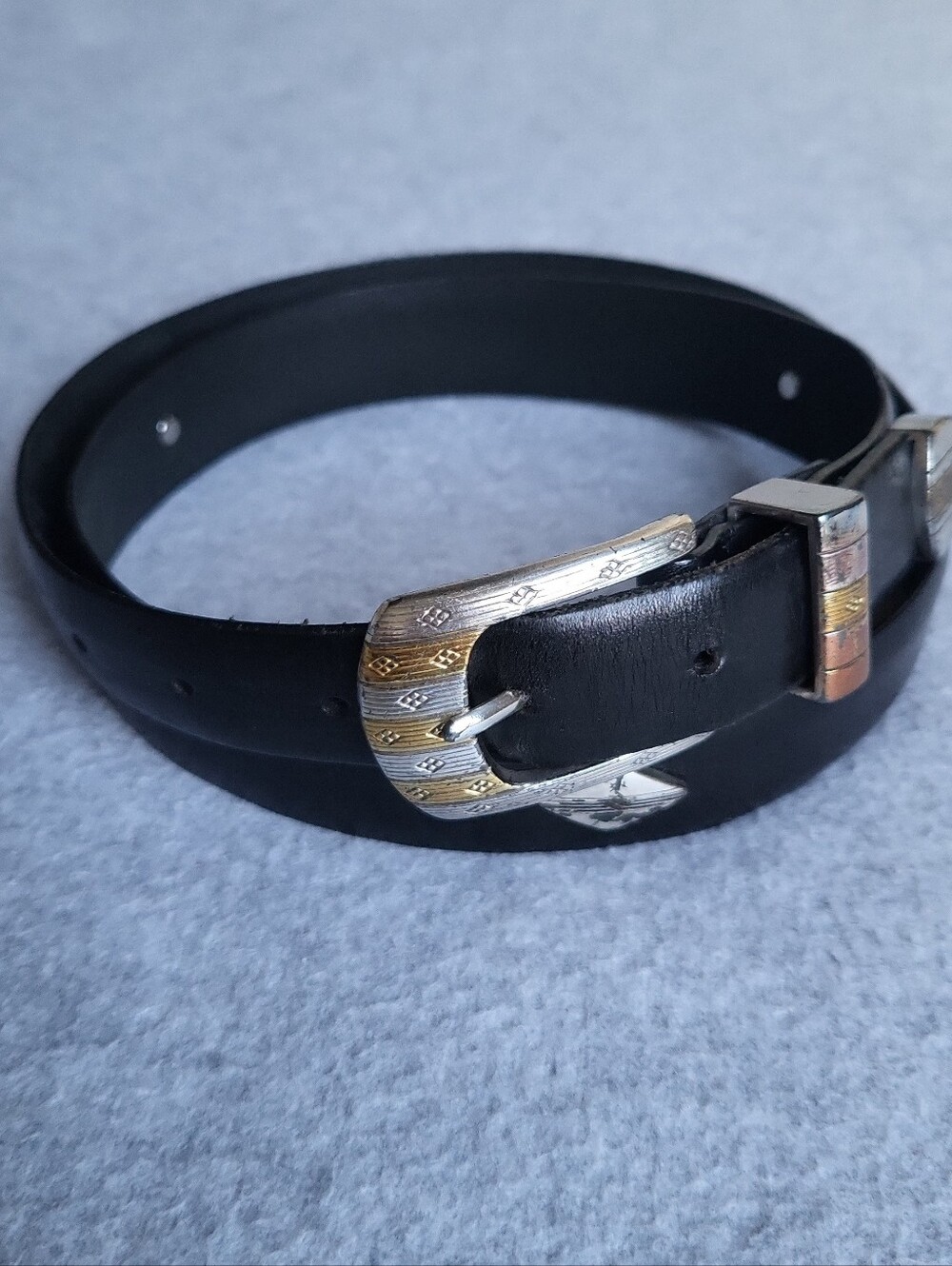 Bill Adler Western Belt Mens 38/95 Black Full Grain Leather Gold & Silver Buckle